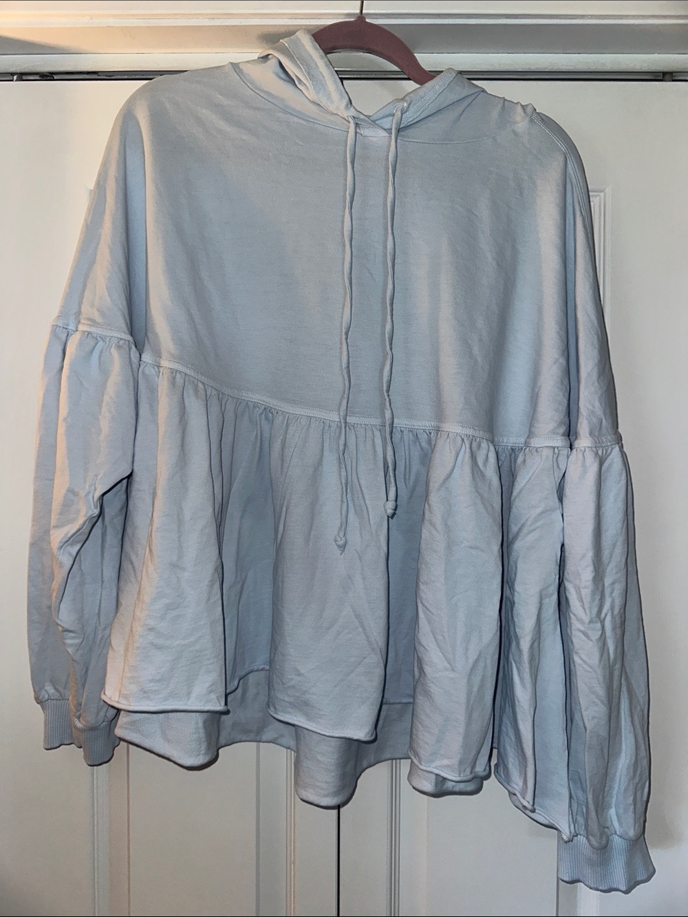 aerie Light Blue Ruffle-Hem Pullover Hoodie